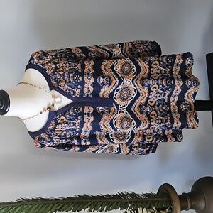 Valerie Stevens Navy, Orange, and Gold Patterned Popover Blouse